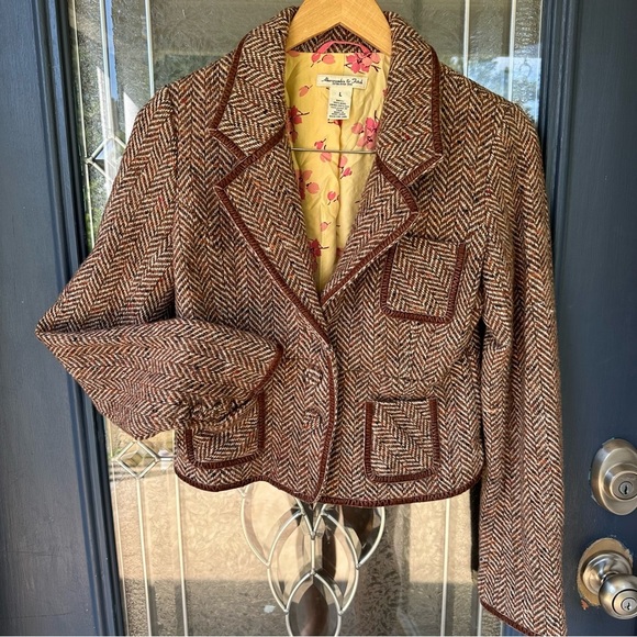 A&F Wool Cropped Jacket Brown Herringbone  wool blazer silk interior large work - Picture 1 of 10